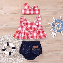 Летний комплект одежды для маленьких девочек, клетчатая юбка, футболка Топы+ джинсовая короткая лента для волос для девочки, Одежда для новорожденных, Kledings