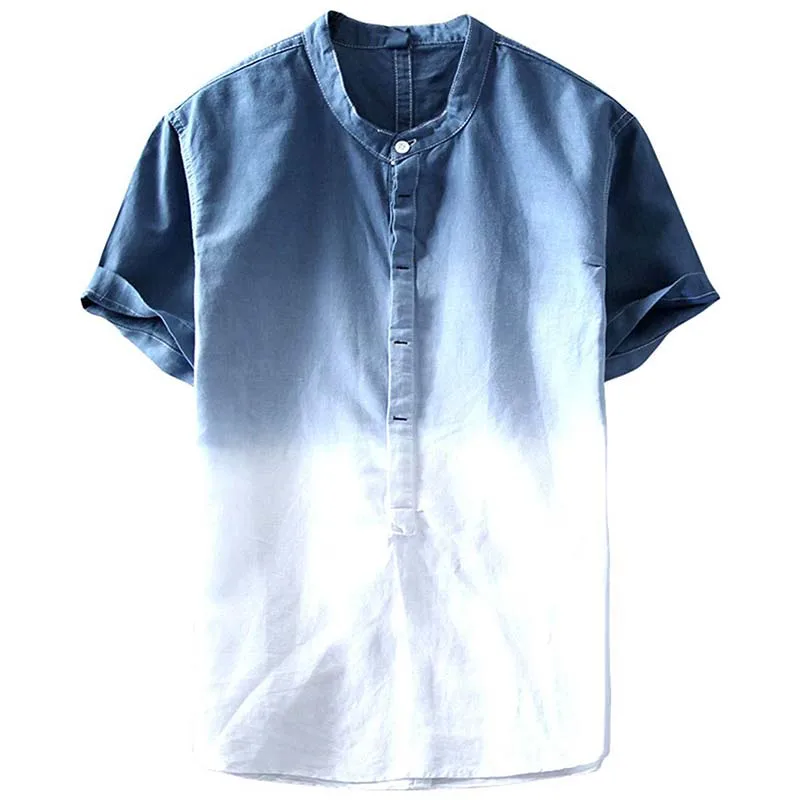 Градиентная синяя летняя Мужская льняная рубашка, Мужская брендовая рубашка с коротким рукавом, мужские рубашки, мужская повседневная рубашка, Прямая поставка - Цвет: Navy