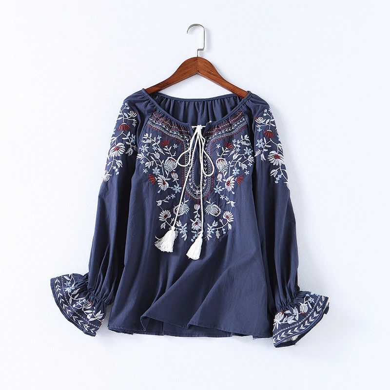  Spring Women Fashion Cotton Shirt Casual Autumn Floral Embroidery Lace-up O-neck Blouse Shirt Ladie