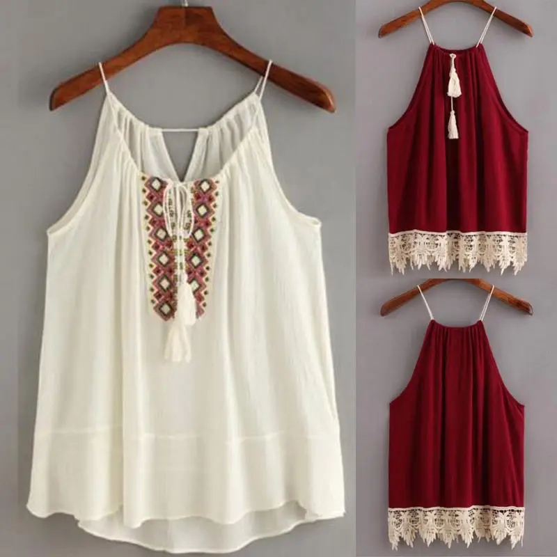

Top Tanks Camis Tops shirt Halter Vest Women Clothing Women Clothes Embroidered Cami Tassel Drawstring