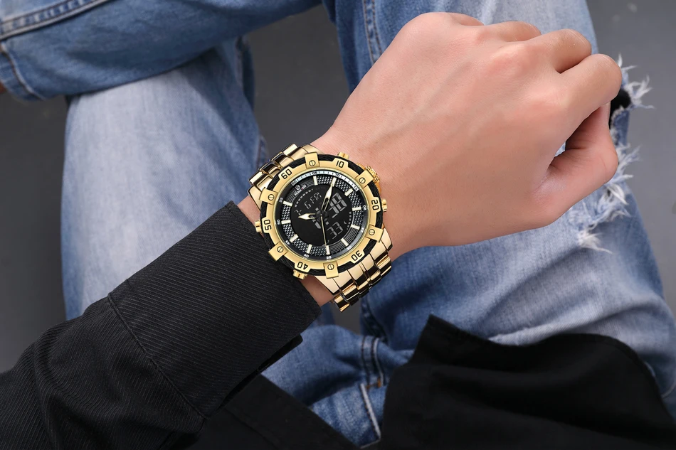 GOLDENHOUR Männer Uhr Dual Display Quarz Armbanduhren Edelstahl Wasserdicht Sport_voghion.com