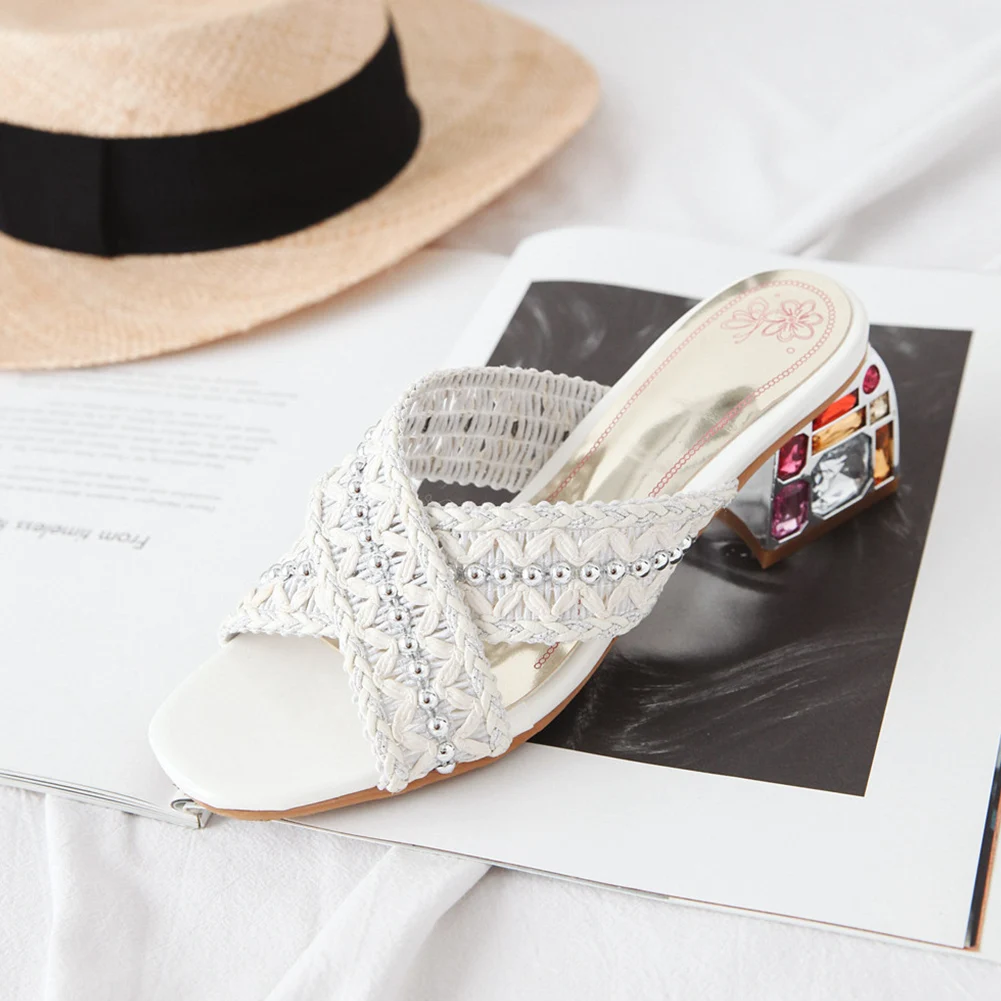 Элегантные шлепанцы на высоком каблуке, украшенные кружевом; женская обувь; шлепанцы; женская летняя обувь 2019 года; женская обувь; большие