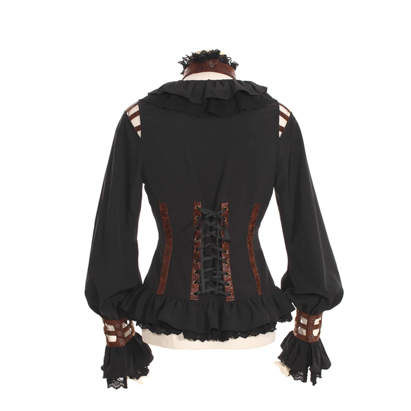 Женская викторианская блузка с длинными рукавами в стиле стимпанк с чокером черного цвета SP105BK