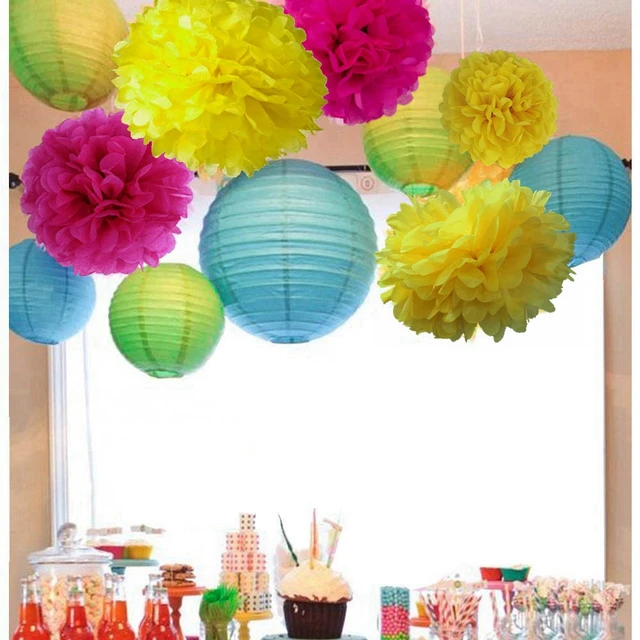 Us 12 5 11pcs Fuchsia Blue Yellow Party Decorations Paper Lantern Pom Pom Ball Flowers Wedding Baby Shower Bridal Shower Kids Birthday In Party
