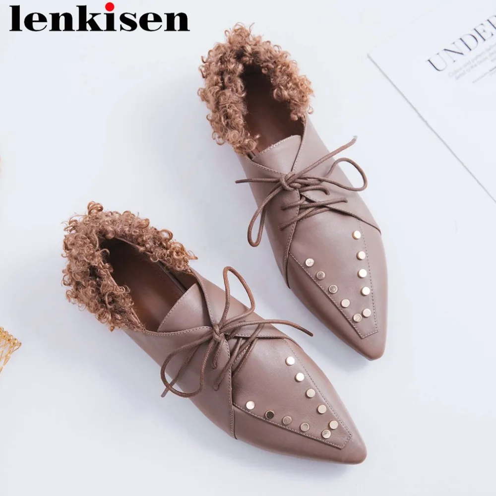 

Lenkisen natural leather oxford pointed toe low heels lace up british school concise style metal rivets pretty girls pumps L30