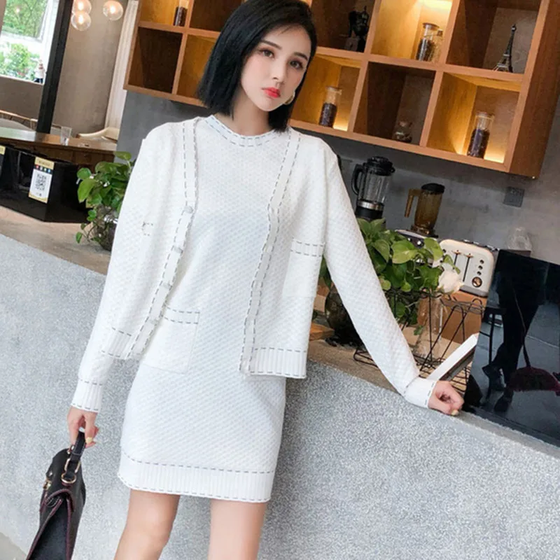 

High Quality Short Sleeve Dress and Sweater Cardigan 2pcs Suit 2019 Autumn Winter Office Ladies Elegant Knitting Clothing Sets