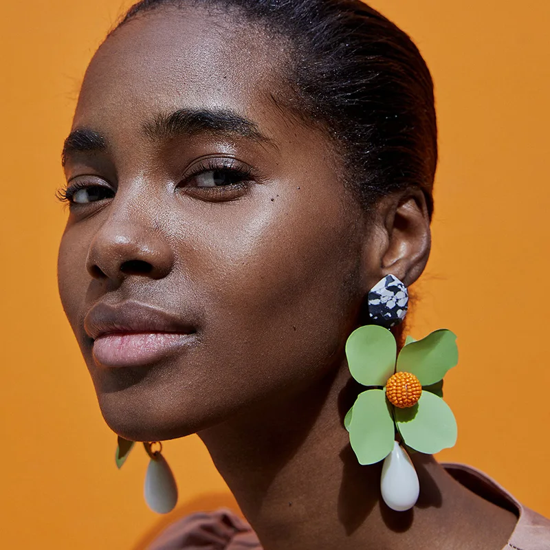 

SexeMara Green Flower Statement Dangle Earrings for Women Trendy Brand Pendientes Earrings Large Drop Earrings ZA Jewelry