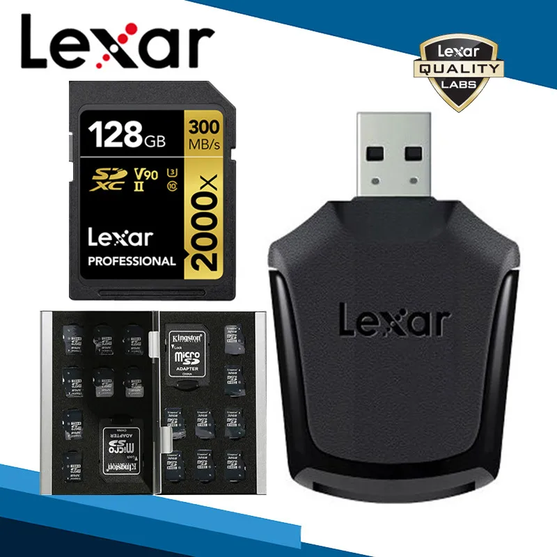 128GB Lexar sd-карта+ кард-ридер+ чехол для карт 2000x SDXC карта памяти 32 Гб 64 Гб 128 ГБ высокоскоростная U3 C10 USH II V90 300MBS флеш SD карта - Емкость: 128GB