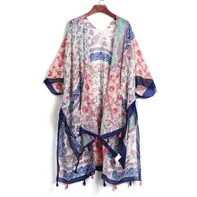 Летнее женское Ретро цветочное шифоновое бикини с закрытой крышкой кафтан сексуальный купальник Пляжная накидка Бикини платье кардиган пляжное платье