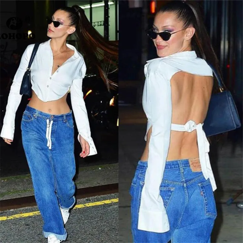 

Female Summer Hollow Out Long Sleeve T Shirt White Single Breast Slim Band Waist Open Back Ladies Spring Outwears 2019