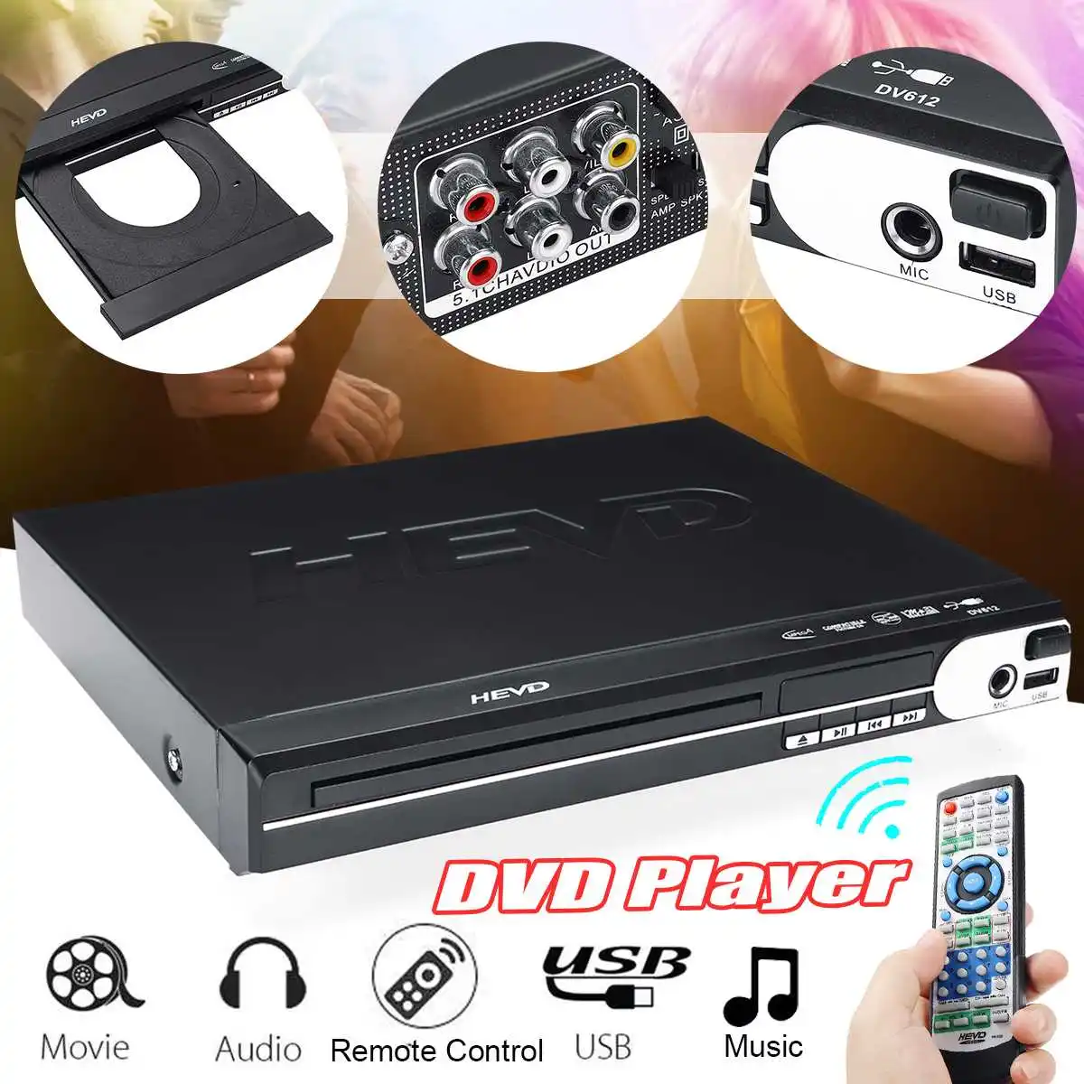 

DVD Player Compact Multi Region Reader Full HD USB Mic Port With Remote Control 110-240V 50-60Hz Black Plastic Plug and Play