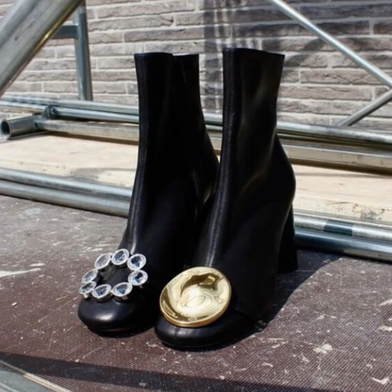 Hanbaidi Новый Bota Feminina 2018 натуральная кожа круглый носок кристалл с золотистой