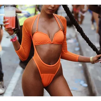 

Summer See-Through Mesh Backless Playsuit Women High Waist Long Sleeve Jumpsuit Hollow Out New Bright Orange Bodysuit