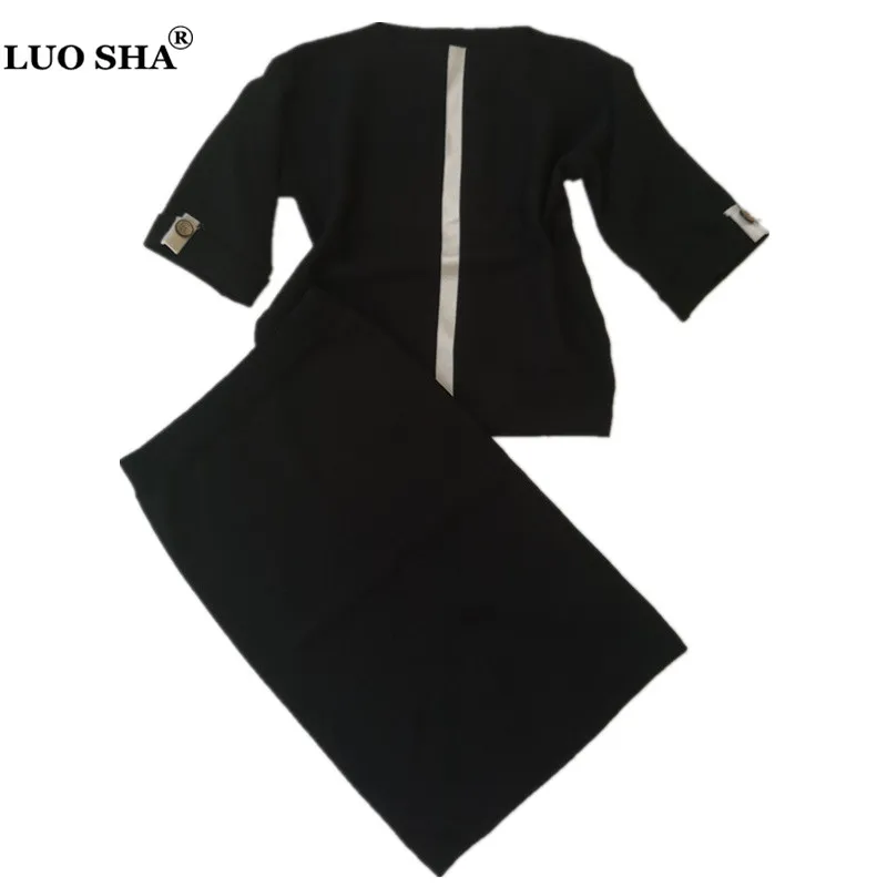 

LUOSHA Women Autumn 2 Piece Set Knitted Sweater set Half Sleeve With Button Pullover Sweater And Pencil Skirt Suits Office Lady