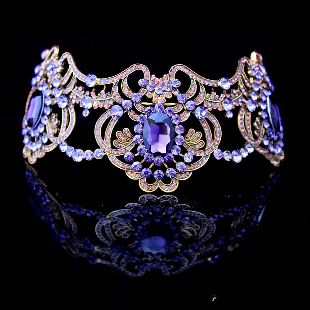Роскошный барокко фиолетовый горный хрусталь бисером Свадебные короны, тиары Принцесса Королева диадема женские свадебные повязки на
