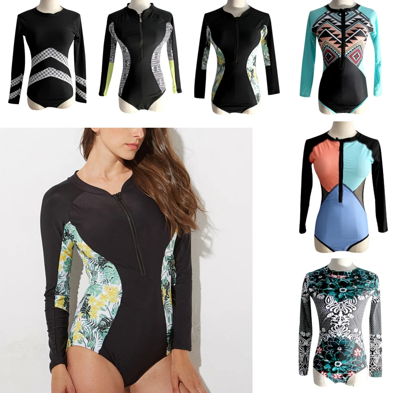 

One Piece Swimsuit 2018 New Printed Long Sleeve Women Swimwear with Zipper Female Bathing Suit Trikini Beachwear Surf Suit