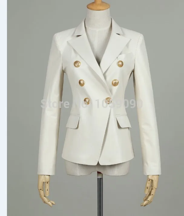 Yidora Роскошная модная подиумная женская черная двубортная куртка из натуральной овечьей кожи золотые пряжки тонкий кожаный пиджак - Цвет: Белый