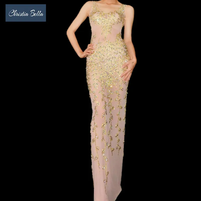 

Christia Bella Sexy Women Gold Rhinestone Dress Perspective Party See Through Mesh Dress Nightclub Stage Singer Costumes