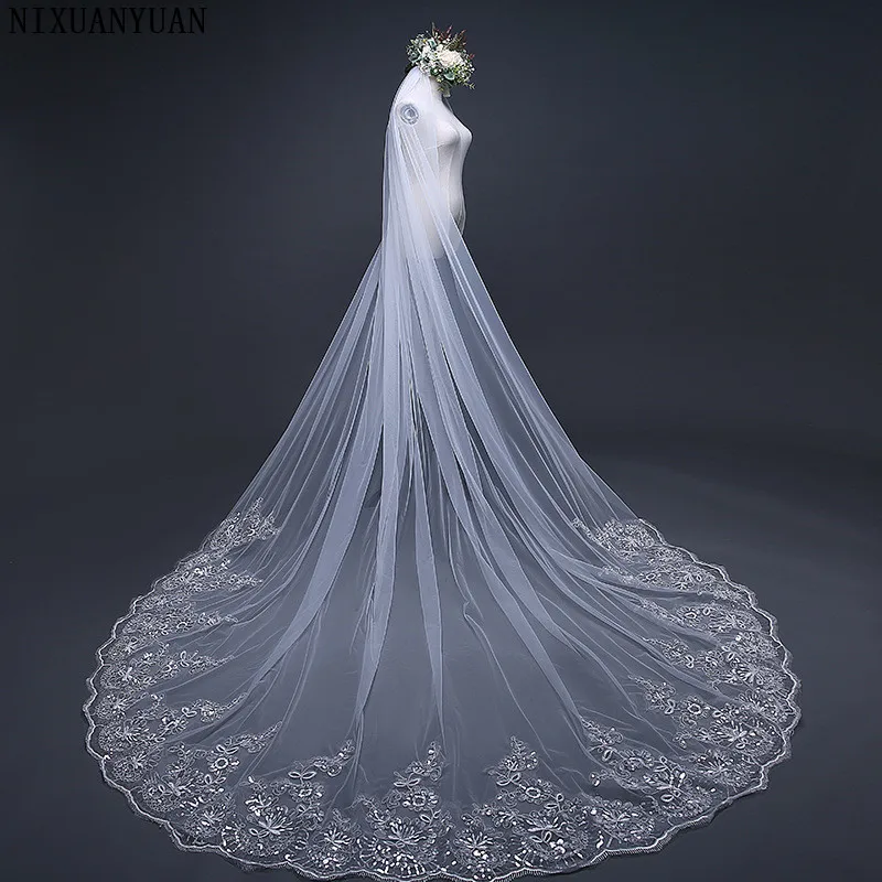

NIXUANYUAN Real 2019 Voile 3M veil One Layer Lace Edge Ivory White Cathedral Wedding Veil Long Bridal Veil Veu de Noi longo