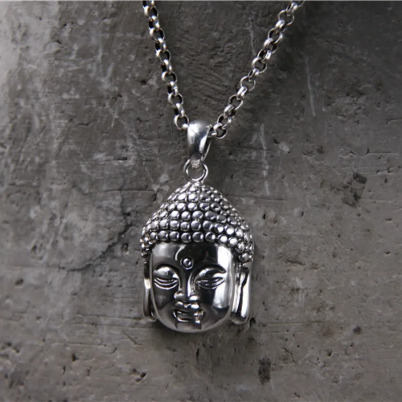 

100% 925 Sterling Silver Pendant Carved Shakyamuni Gautama Buddha Head Necklace Pendant Men's Jewelry 13G