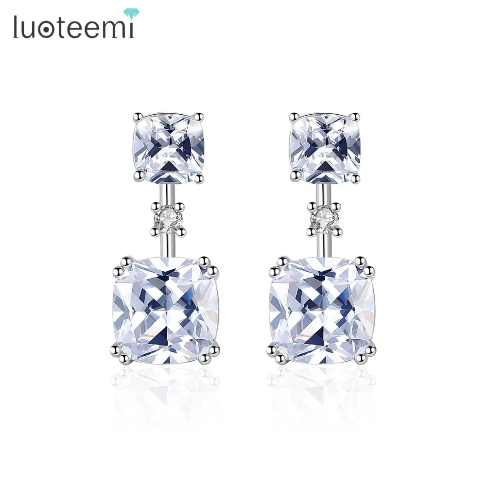 

LUOTEEMI Authentic 925 Sterling Silver Double Clear Square Stone Drop Earring for Women Trendy Simple Earrings Jewelry Brincos