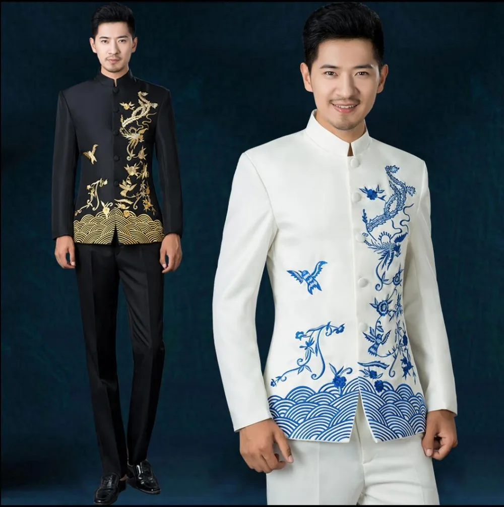 

2019 New stand collar embroidery chinese tunic suit men blue and white singer costume set Groom wedding formal dress Suit +pants