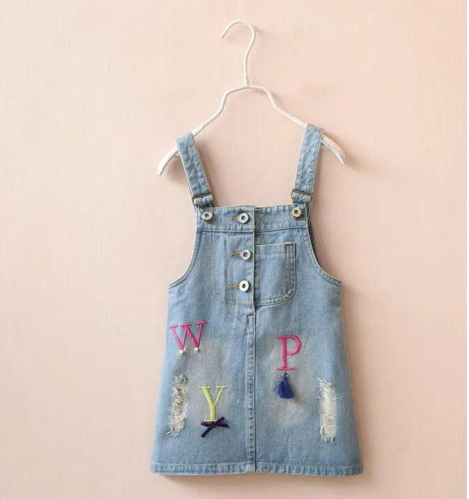 

Y1529742 2017 New Summer Dress Baby Girls Dress Denim Suspender Sleeveless Appliques Bow Embroidery Letters Girl Dress Jeam