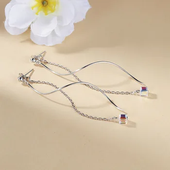 

Real 925 Sterling Silver Wave Dangle Earrings For Women Square Crystal Chain Dangle Earring Statement Fine Jewelry Party Gifts