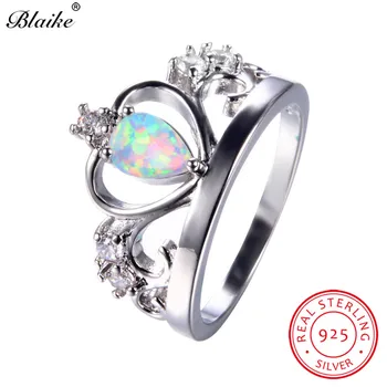 

Blaike Real 925 Sterling Silver White Fire Opal Crown Rings For Women Vintage Fashion Heart Design Birthstone Ring Fine Jewelry
