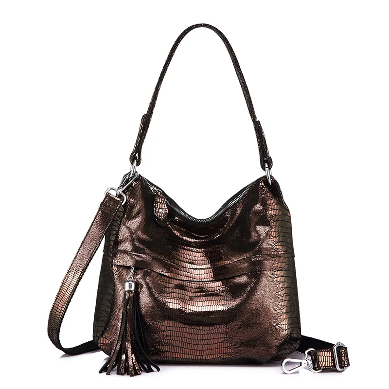 REALER женcкая сумка на плечо из натуральной кожи, женская сумка через плечо с животным принтом, женская сумка мешок с кисточкой цепью - Цвет: Anti-brass