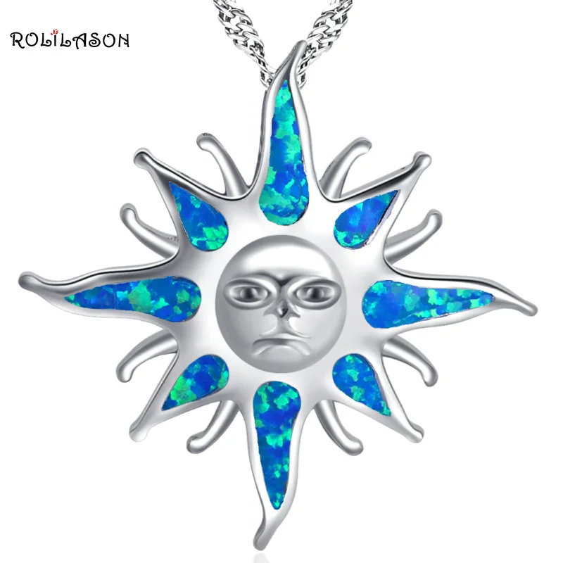 

ROLILASON Sun flower design Teen girl birthday gift blue fire opal silver 925 Pendant Necklaces for women fashion jewelry OP772