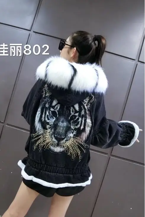 Осенне-зимняя джинсовая куртка с головой тигра, новая корейская мода, свободный вельветовый утепленный воротник с натуральным мехом, короткий длинный рукав
