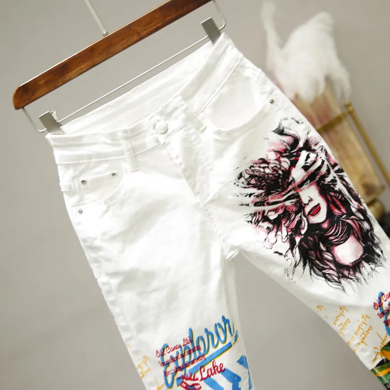 Белые джинсы обтягивающие женские джинсовые брюки Лето Осень Harajuku стиль печати высокая талия карандаш брюки девушки дамы плюс размер джинсы