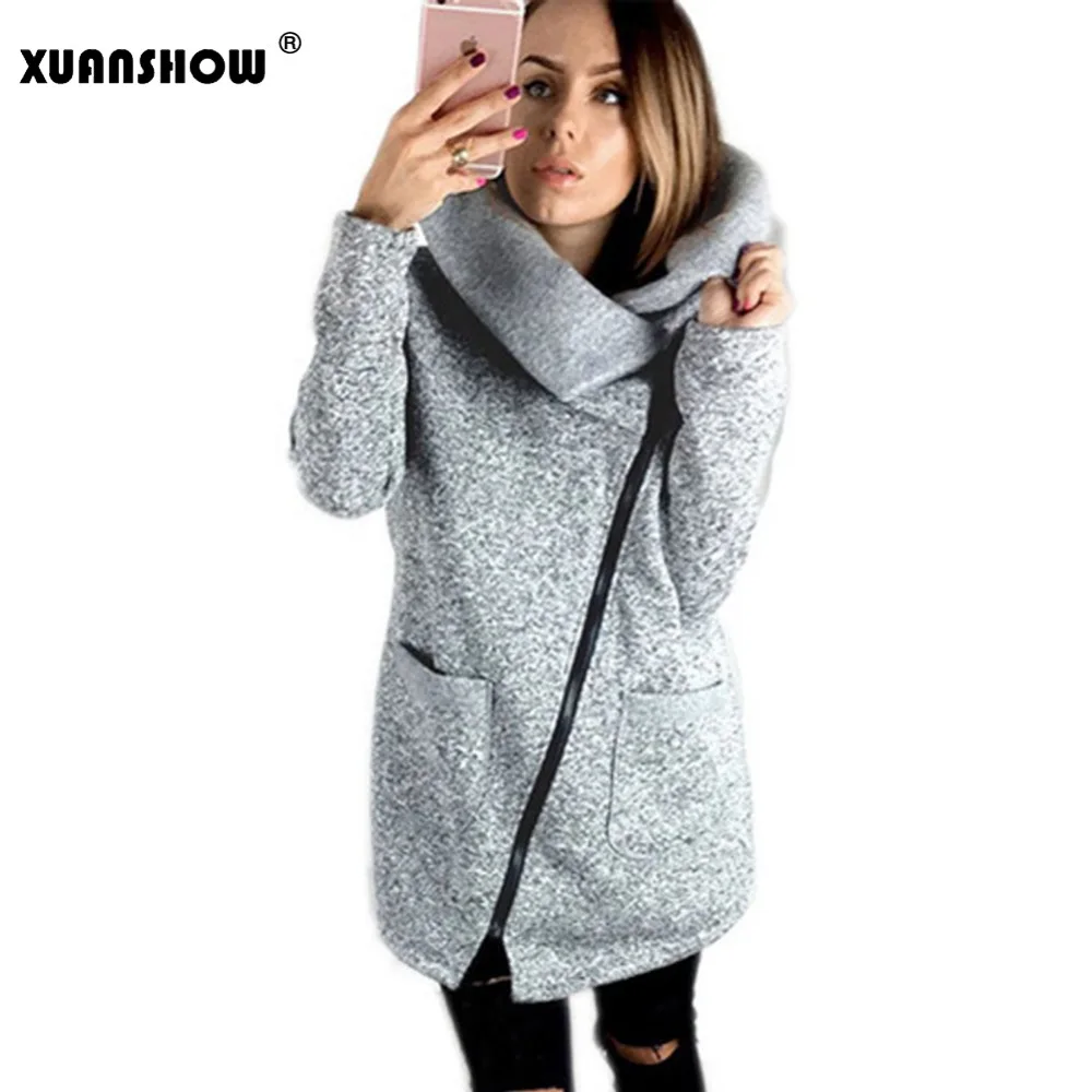 XUANSHOW 2018 зима-осень Для женщин толстовка с отложным воротником пальто на молнии плюс Размеры теплые женские укороченные топы на молнии S-5XL
