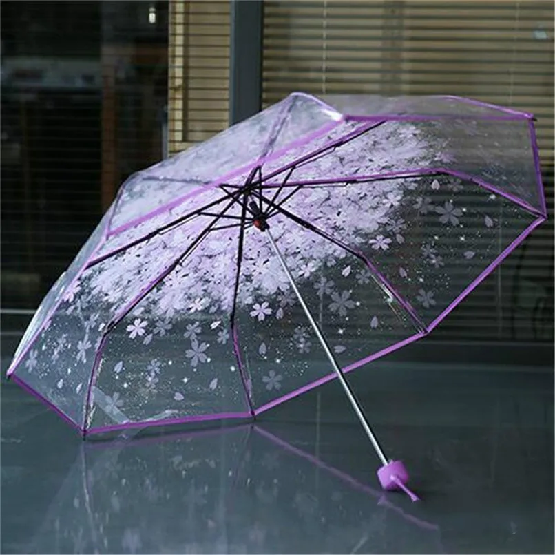 4 Color Women's Rain Umbrella Transparent Clear Cherry Blossom Mushroom Apollo Sakura Printed Three-folding Umbrella AU10#F (14)