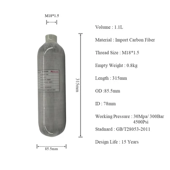 

AC3011 Acecare HPA/Paintball/PCP/Carbon Firber Cylinder/Tank 1.1L 4500Psi Airsoft/Airforce Condor/Air Rifle/Air Compressed Gun