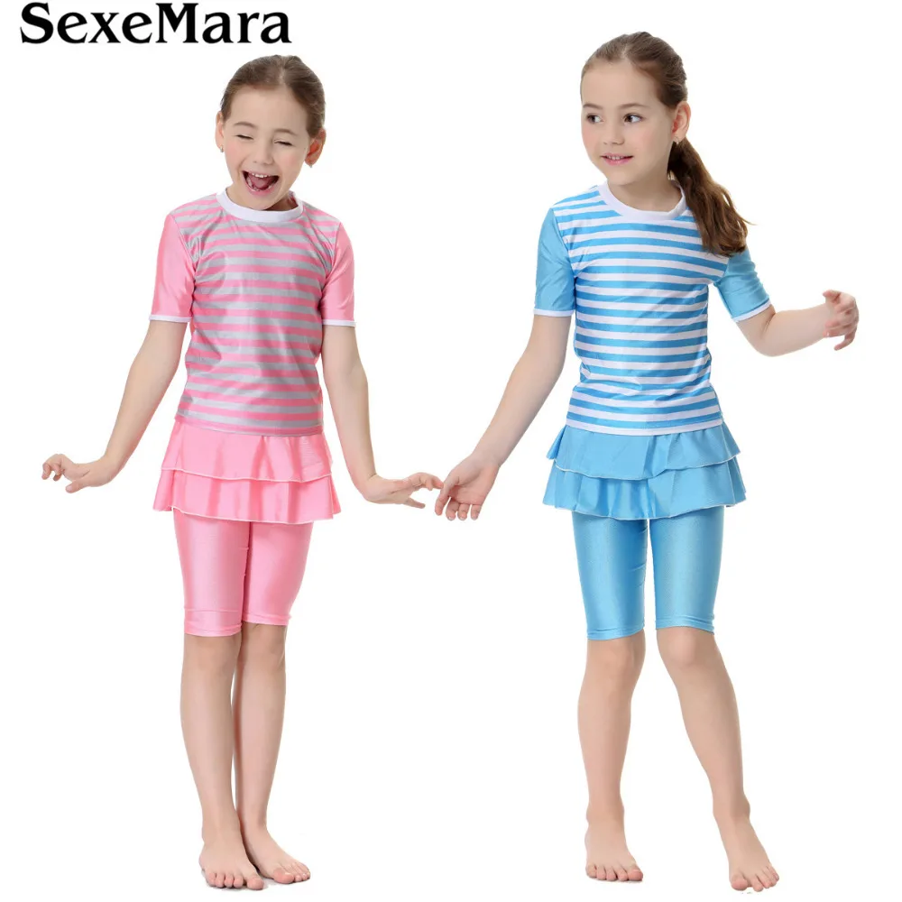 

2019 Muslim Swimsuit For Young Girls Sweety short Islamic Two Pieces Sleeveless Dress Swimwear hijabs Islam Beach Wear Hijab