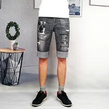 Новые мужские джинсовые шорты, черно-серые эластичные пятиминутные брюки с принтом головы тигра