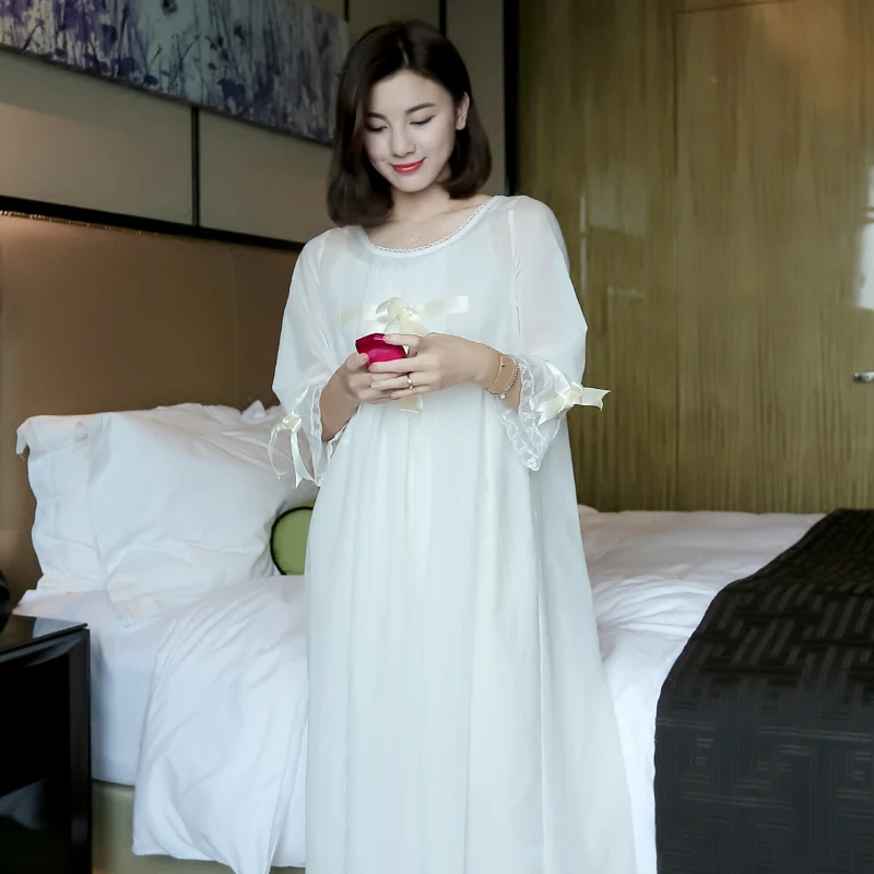 Autumn Summer White Silk Cotton 2- Pics Women's Long Nightgowns Elegant Sweet Princess Royal Loose Plus Size Sleepwear 5589