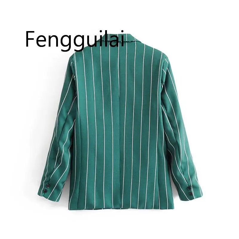 Vintage Chic Green Striped Pant Suits Fashion Pockets Single Button Notched Blazer Zipper Fly Straight Long Pants Casual Suits