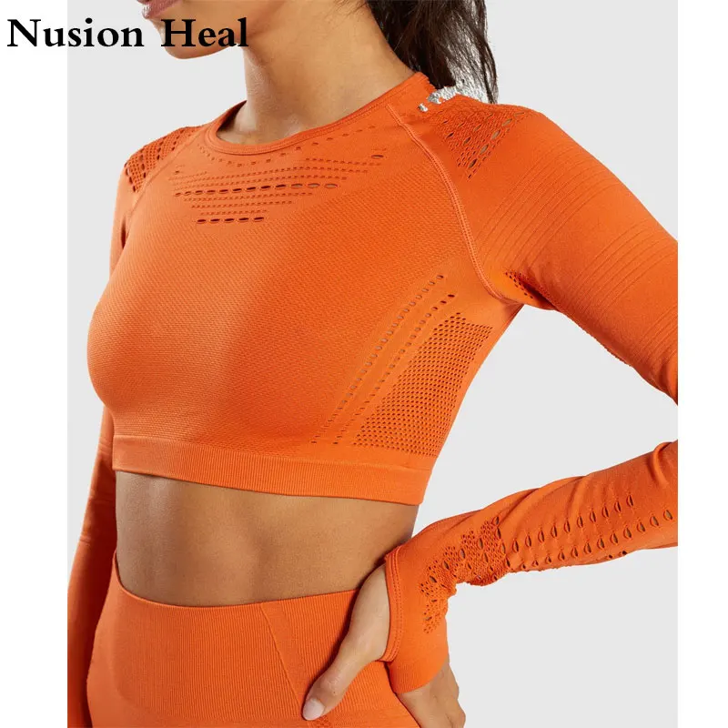 

Women's Pink Seamless 2019 Long Sleeve Crop Top Yoga Shirts with Thumb Hole Running Fitness Workout Seamless Yoga Top Shirts Gym