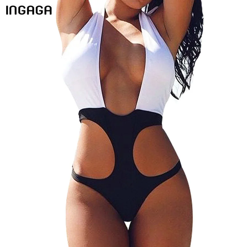 

INGAGA Sexy Halter Swimwear Women 2019 One Piece Swimsuit Monokini Deep V Swim Suit Summer Beach Wear New Cut Out Bodysuit