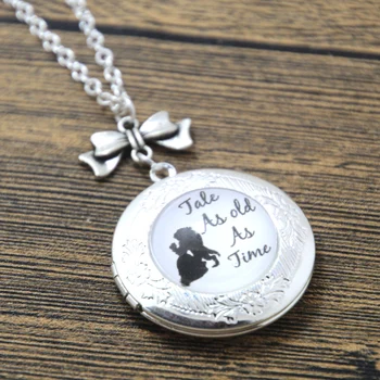 

12pcs/lot Tale As Old As Time Locket Necklace silver tone Bow charm message necklace Certain as the sun...