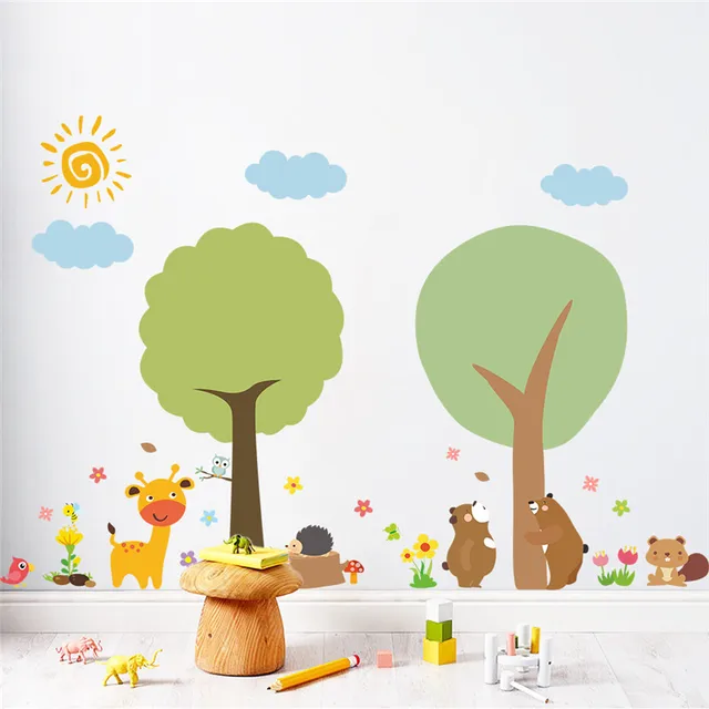 Jungle Wild Giraffe Bear Flower Tree Wall Sticker For Kids Rooms Jungle Wild Giraffe Bear Flower Tree Wall Sticker For Kids Rooms Decals Home Decor Bedroom