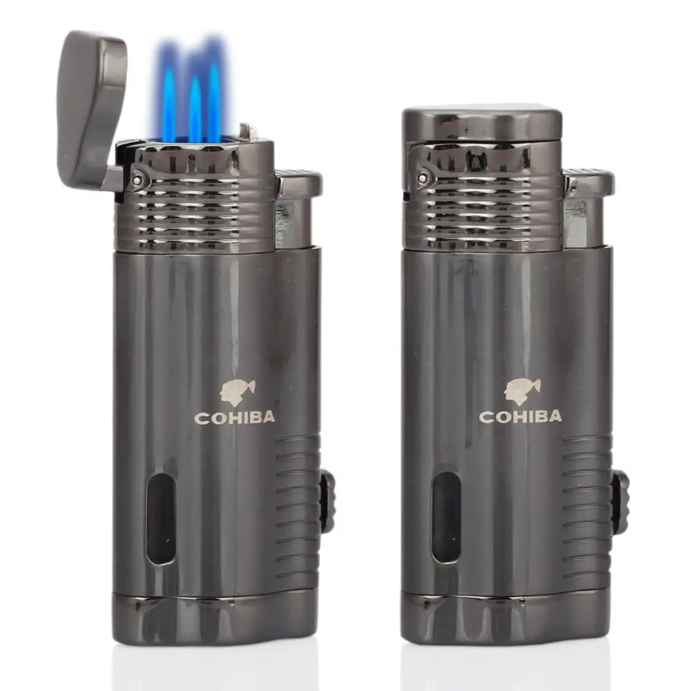 

COHIBA Windproof Gas Cigar Lighter Pocket 3 Jet Torch Lighters Butane Refillable Portable Cigar Cigarette Lighters W/ Gift Box