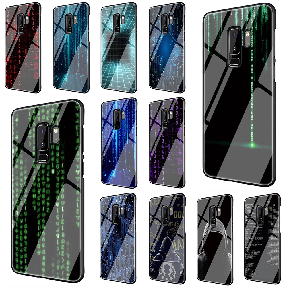 

Fashion Matrix Code Tempered Glass Phone Cover Case For Samsung Galaxy S7 edge S8 Note 8 9 10 Plus A10 20 30 40 50 60 70