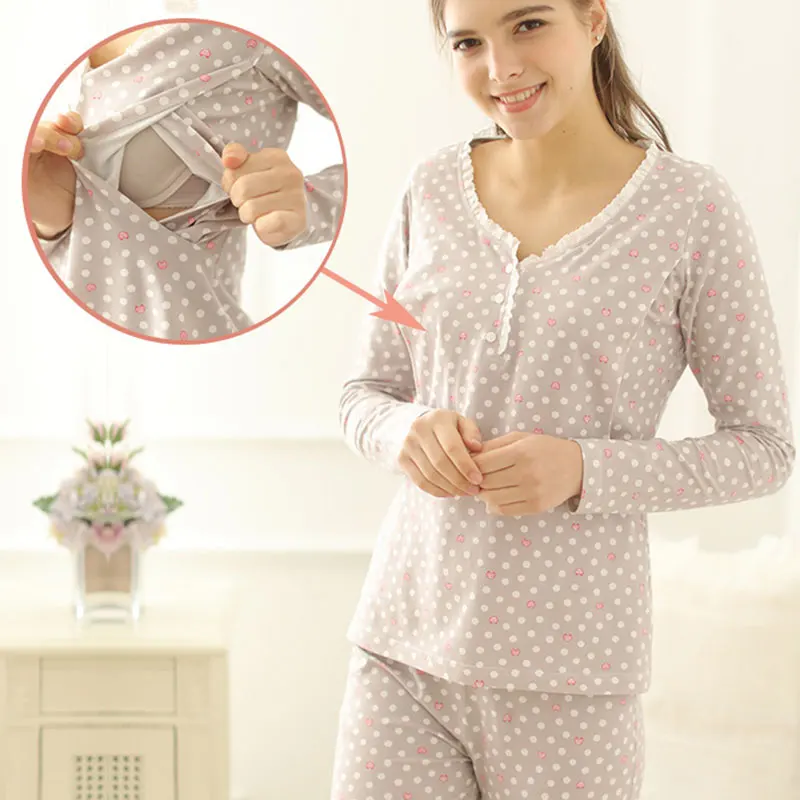

Maternity Fashion lace Flowers Two-pieces Tops+Pant Long Sleeve Breastfeeding clothing Sweet Style Pajamas