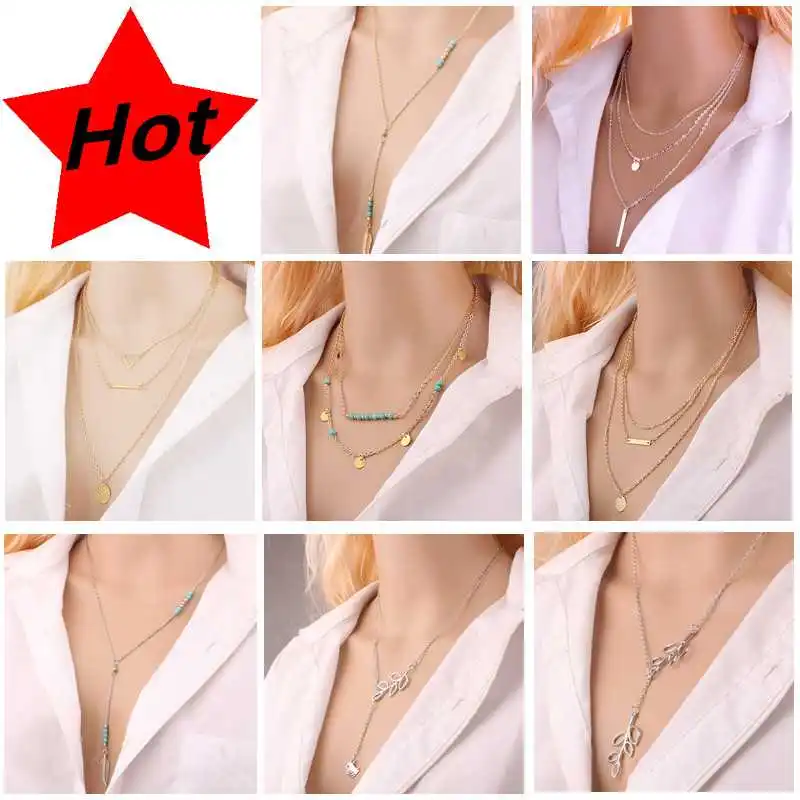 

Summer Bohemian Necklaces for Women Fashion Double Multilayer Chain Choker Jewelry Sweet Pendant Girl's Gold Silver Accessories