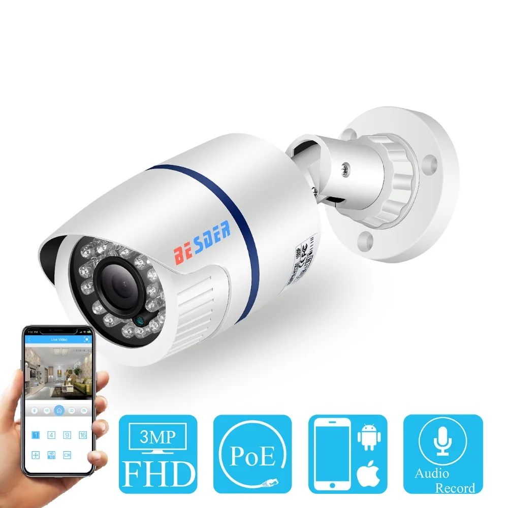 

BESDER 3MP 2MP H.265 PoE CCTV IP Camera FHD Wired Security Camera Support Email Photo Onvif FTP RTSP Audio Record App XMEye