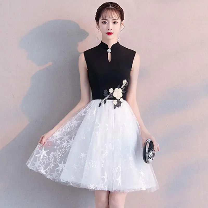 Vintage Sleeveless Homecoming Dresses For Chinese Girls Mandarin Collar Elegant Women Graduation Dress Party Prom Evening Gown - Цвет: Black short